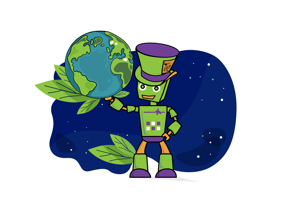 The Mad Botter robot holding a globe among green leaves
